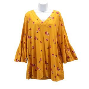 Old Navy Womens Yellow Embroidered Flowers Bell Sleeve V-Neck Blouse Sz XL Tall